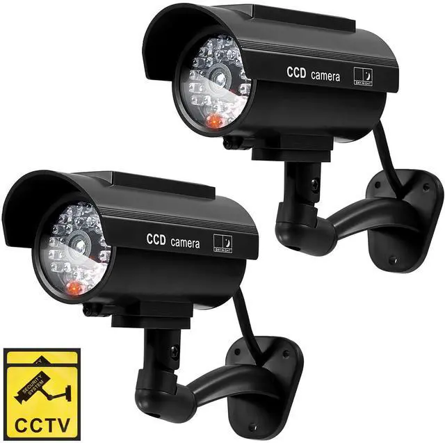 Main image of 2 Pcs Black Solar Powered Fake Security Camera Dummy Security Simulated Surveillance Camera with Realistic Red Flashing Lights for Indoor Outdoor Home Store