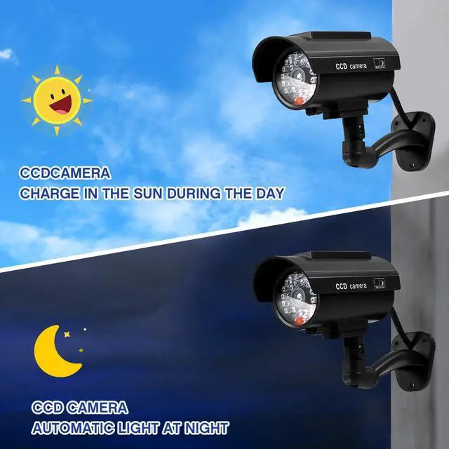 Alt view image 5 of 7 - 2 Pcs Black Solar Powered Fake Security Camera Dummy Security Simulated Surveillance Camera with Realistic Red Flashing Lights for Indoor Outdoor Home Store