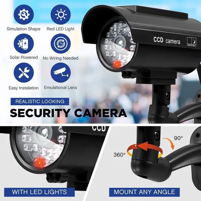 Alt view image 3 of 7 - 2 Pcs Black Solar Powered Fake Security Camera Dummy Security Simulated Surveillance Camera with Realistic Red Flashing Lights for Indoor Outdoor Home Store