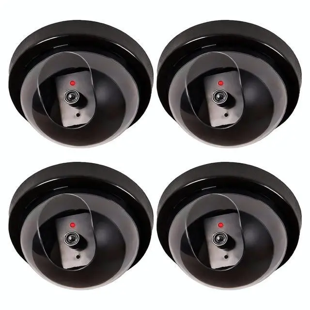 Main image of Dummy Fake Security CCTV Dome Camera with Flashing Red LED Light with Security Alert Sticker Decals (SD-4), 4 Packs, Black