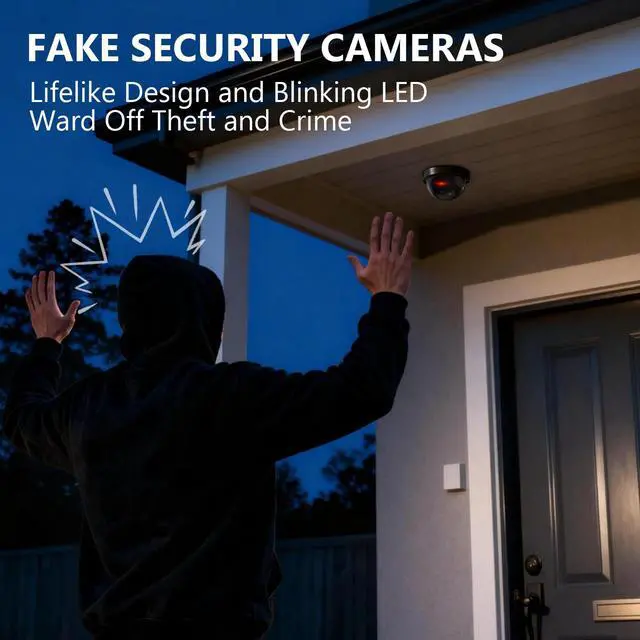 Alt view image 2 of 7 - Dummy Fake Security CCTV Dome Camera with Flashing Red LED Light with Security Alert Sticker Decals (SD-4), 4 Packs, Black