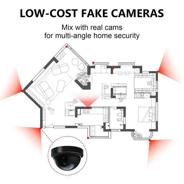 Alt view image 4 of 7 - Dummy Fake Security CCTV Dome Camera with Flashing Red LED Light with Security Alert Sticker Decals (SD-4), 4 Packs, Black