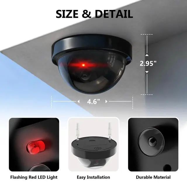 Alt view image 5 of 7 - Dummy Fake Security CCTV Dome Camera with Flashing Red LED Light with Security Alert Sticker Decals (SD-4), 4 Packs, Black