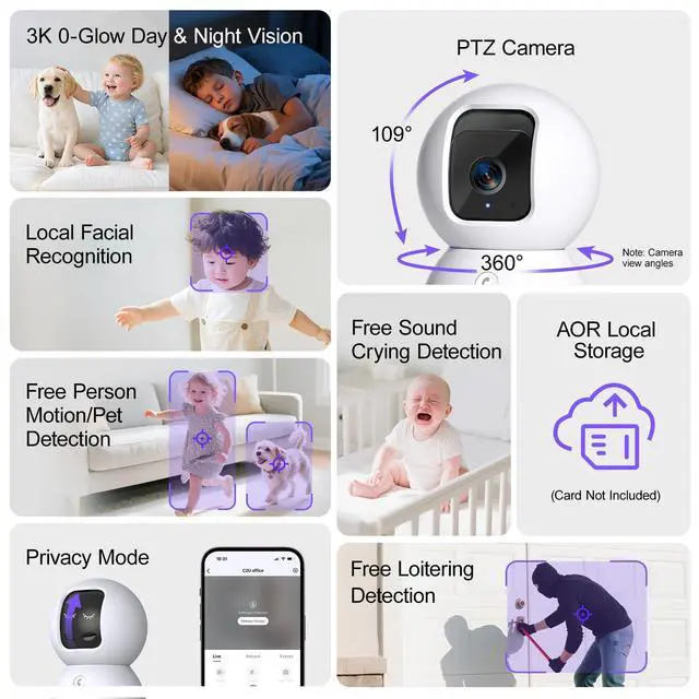 Alt view image 2 of 7 - 5G Security Camera Indoor 2-Pack, No-Monthly-Fee AI Tracking Facial Recognition, 3K Pet/Dog Camera with Speaker/Phone App, PTZ WiFi Baby Monitor Cameras for Home Security, 0-Glow Night Vision