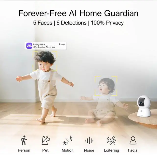 Alt view image 3 of 7 - 5G Security Camera Indoor 2-Pack, No-Monthly-Fee AI Tracking Facial Recognition, 3K Pet/Dog Camera with Speaker/Phone App, PTZ WiFi Baby Monitor Cameras for Home Security, 0-Glow Night Vision
