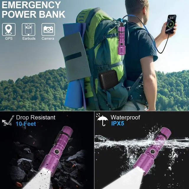 Alt view image 4 of 5 - Flashlights High Lumens Rechargeable, Super Bright Long Range Small Powerful Flashlight, 6 Modes LED Tactical Pocket Waterproof Flash Light for Home Emergency (2, Purple)