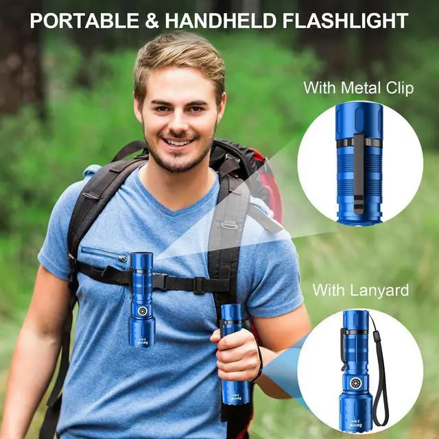 Alt view image 5 of 5 - Flashlights High Lumens Rechargeable, Super Bright Long Range Small Powerful Flashlight, 6 Modes LED Tactical Pocket Waterproof Flash Light for Home Emergency (2, Blue)