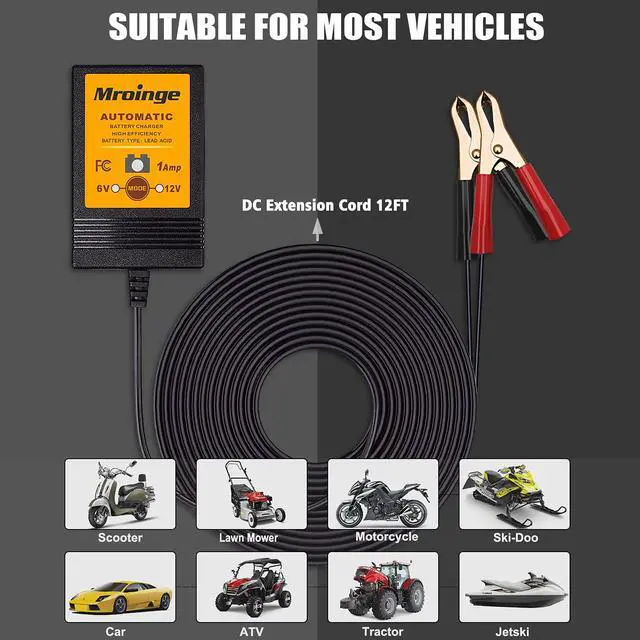 Alt view image 2 of 4 - MBC016, 6V / 12V 1A Fully Automatic Trickle Battery Charger/Maintainer for Automotive Vehicle Motorcycle Lawn Mower ATV RV Powersport Boat, Sealed Deep-Cycle AGM Gel Cell Lead Acid Batteries