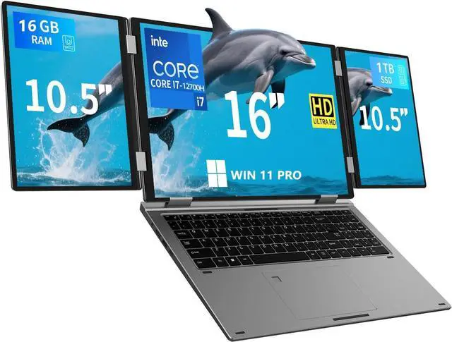 16" Triple Screen Laptop, Core i7-12700H (14 Cores, 4.7GHz), 16GB RAM, 1TB SSD, 16" FHD+ & Dual 10.5" Displays, Face Unlock, Fingerprint, Full-Function USB-C, RJ45, Win 11 Pro Workstation 16GB 1TB