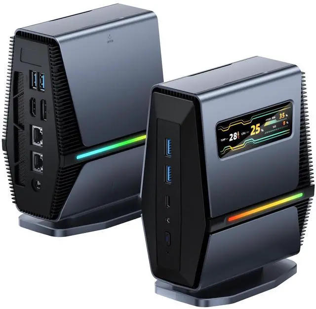 Main image of KOOFORWAY Mini PC Ryzen 7 8745HS (Up to 4.9GHz), 16GB DDR5 RAM 1TB SSD, Mini Desktop Computer with LED Screen, Triple 4K Display, Dual 2.5G LAN, WiFi 6E, BT5.3, Win 11 Pro for Business (Silver Gray)