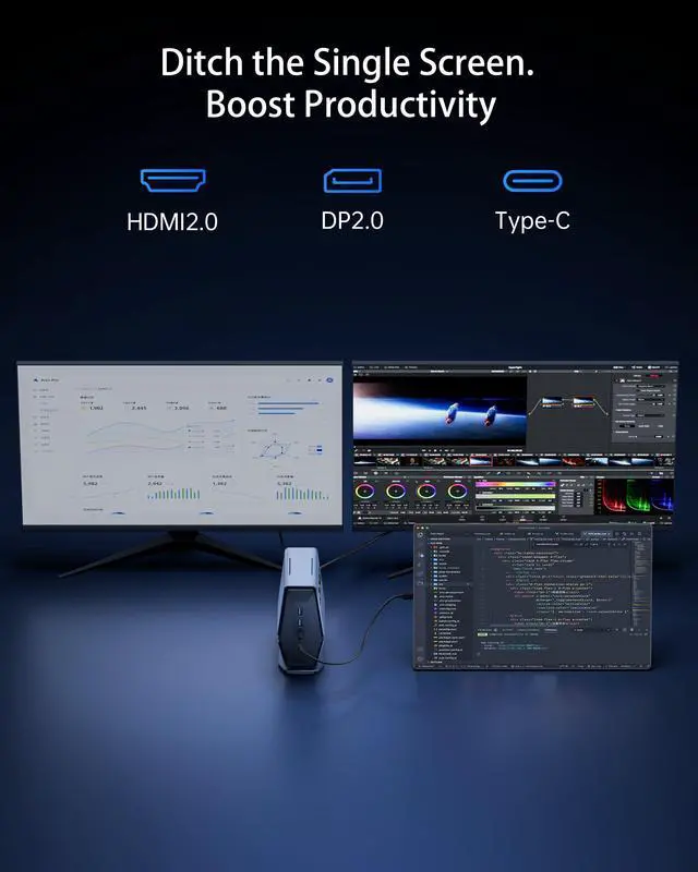Alt view image 7 of 7 - KOOFORWAY Mini PC Ryzen 7 8745HS (Up to 4.9GHz), 16GB DDR5 RAM 1TB SSD, Mini Desktop Computer with LED Screen, Triple 4K Display, Dual 2.5G LAN, WiFi 6E, BT5.3, Win 11 Pro for Business (Silver Gray)
