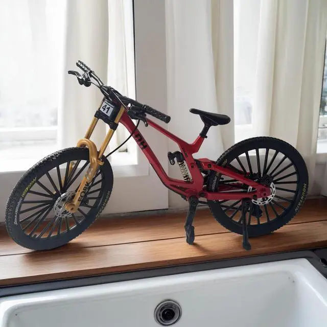 Alt view image 3 of 7 - Générique Miniature Mountain Bike Ornament, Mountain Bike Model with Suspension, Desktop Decoration, Mini Finger Bike, BMX Toys, Finger Mountain Bike, Mini Toy Bike (Red)
