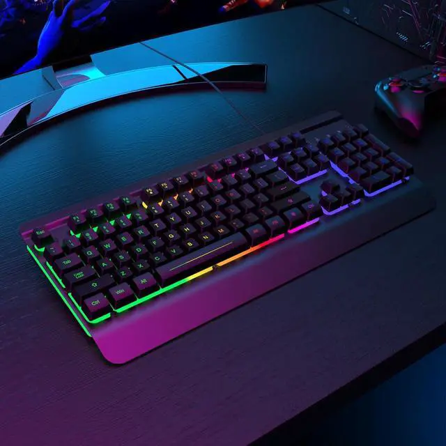 Alt view image 3 of 6 - 104 Keys Gaming Keyboard, All-Metal Panel Rainbow LED Backlit Silent Computer Keyboard, Wrist Rest, Multimedia Keys, Anti-Ghosting, Waterproof Light Up Wired Keyboard for PC Mac Gamer