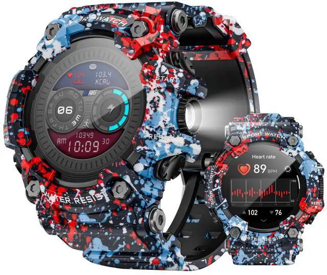 Main image of smartwatch features a 1.32-inch screen, flashlight, compass, Bluetooth calling, 100 sports modes, IP68 water resistance, health monitoring functions, and is compatible with Android and iOS systems