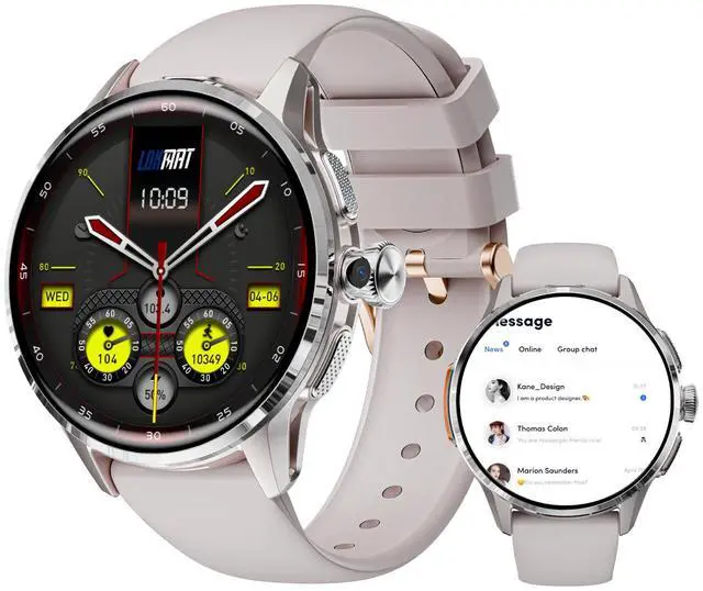 Main image of smartwatch features a 1.6-inch AMOLED HD full touchscreen, a 4G smartwatch/phone fitness tracker with a SIM card slot, WiFi, GPS, and SOS functionality, and a HD 180° rotating camera Silver