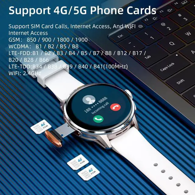 Alt view image 3 of 7 - smartwatch features a 1.6-inch AMOLED HD full touchscreen, a 4G smartwatch/phone fitness tracker with a SIM card slot, WiFi, GPS, and SOS functionality, and a HD 180° rotating camera Silver