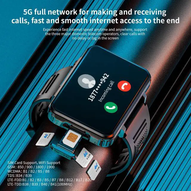 Alt view image 6 of 7 - Men's 4G smartwatch, Android 11 smartwatch, with SIM card slot, fitness, heart rate, and sleep monitoring tracker, full touchscreen, GPS, camera, WiFi + 4G smartwatch, compatible with Android and iOS