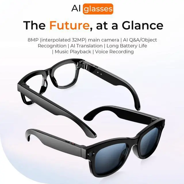 Alt view image 2 of 7 - AI smart glasses with an 8MP camera, real-time translation, object recognition, built-in voice assistant, and WiFi transmission. Suitable for meetings, travel, lectures, recording, and other scenarios