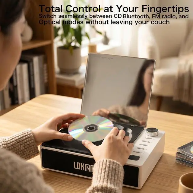 Alt view image 7 of 7 - Portable CD Player/Bluetooth Speaker with AM/FM radio, USB port, AUX input, headphone jack, compatible with CD-R/RW and MP3-CD, stereo sound, with bass, AC/battery powered, can charge mobile phone
