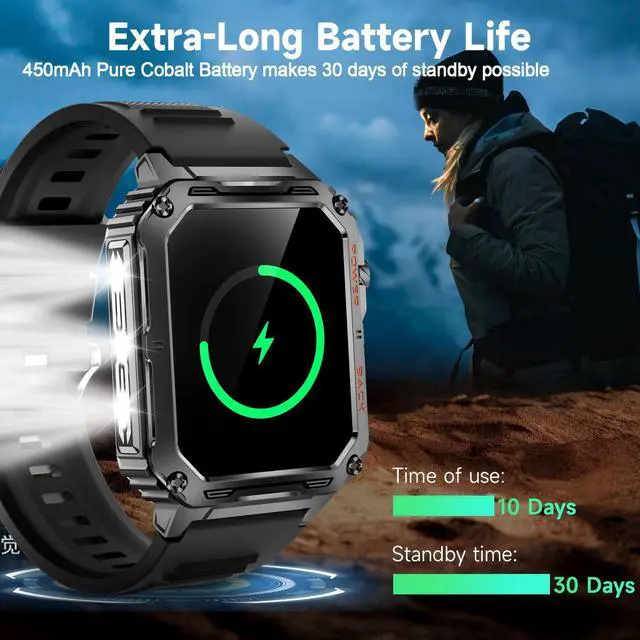 Alt view image 7 of 7 - Military Smart Watch for Men (Answer/Make Calls), Bluetooth Tactical Smartwatch for Android and iPhone, Waterproof Rugged Fitness Tracker with Blood Pressure/Heart Rate/SpO2/Sleep, (Black) Gold