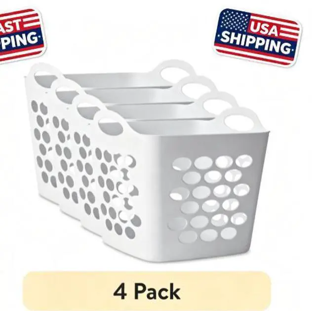 Main image of (4 pack) Mainstays Square Flexible Laundry Hamper with Handles, White Plastic