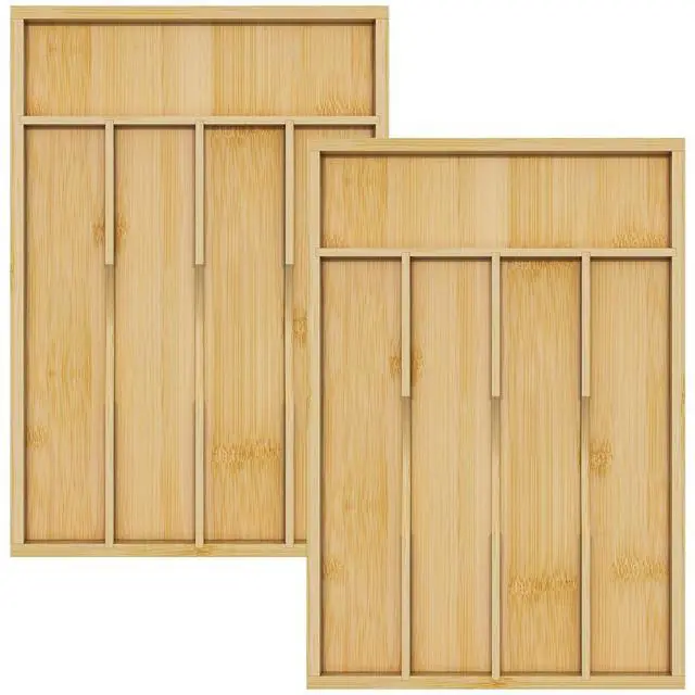 Main image of Bamboo Utensil Organizer and Cutlery Silverware Holder for Kitchen Drawers, Wood Drawer Dividers with 5 Slots, 2 Pack