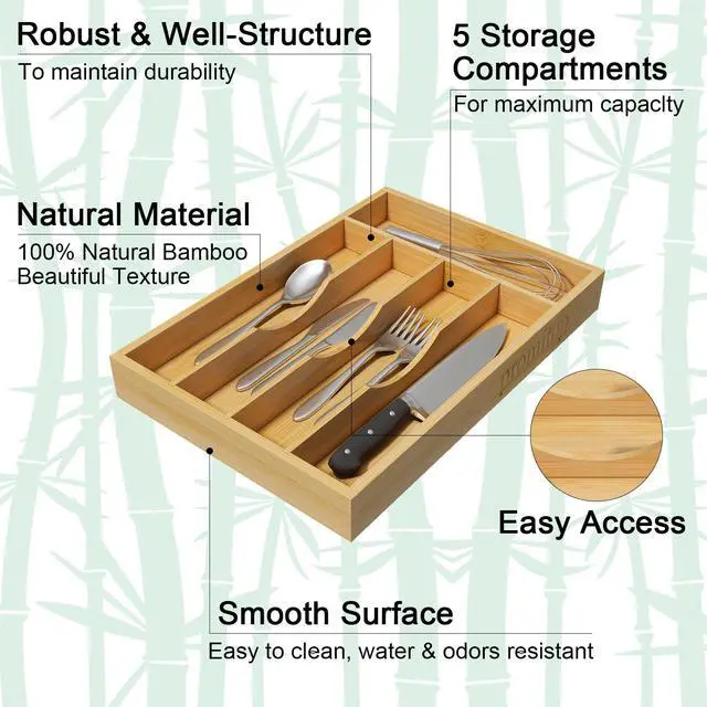 Alt view image 5 of 7 - Bamboo Utensil Organizer and Cutlery Silverware Holder for Kitchen Drawers, Wood Drawer Dividers with 5 Slots, 2 Pack