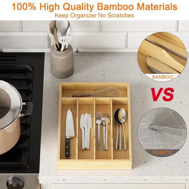 Alt view image 2 of 7 - Bamboo Utensil Organizer and Cutlery Silverware Holder for Kitchen Drawers, Wood Drawer Dividers with 5 Slots, 2 Pack
