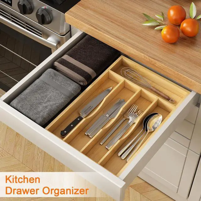 Alt view image 4 of 7 - Bamboo Utensil Organizer and Cutlery Silverware Holder for Kitchen Drawers, Wood Drawer Dividers with 5 Slots, 2 Pack