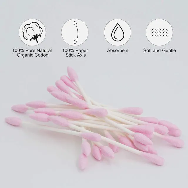 Alt view image 5 of 7 - Organic Cotton Swabs 200 Count Precision Pointed Double Side Tightly Wrapped Paper Stick Soft Lint-Free Cruelty-Free Pointy & Round Pink