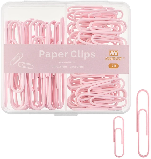 Main image of NEEWAY Colorful Paper Clips, Assorted Sizes, Small and Large, 70 Count (Light Pink)