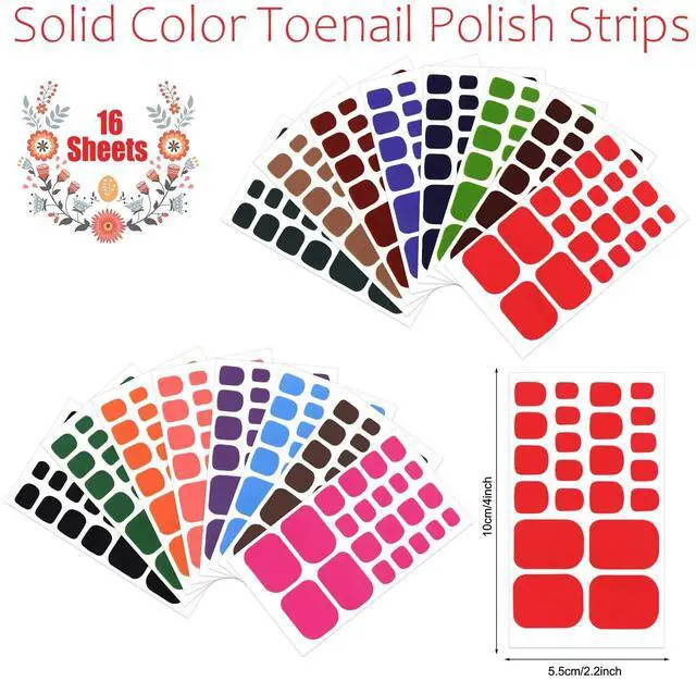 Alt view image 6 of 7 - 352 Pieces 16 Sheets Bright Solid Color Toe Nail Polish Strips, Self-Adhesive Full Nail Stickers, Colorful Nail Art Decals with Nail File for Women Girls