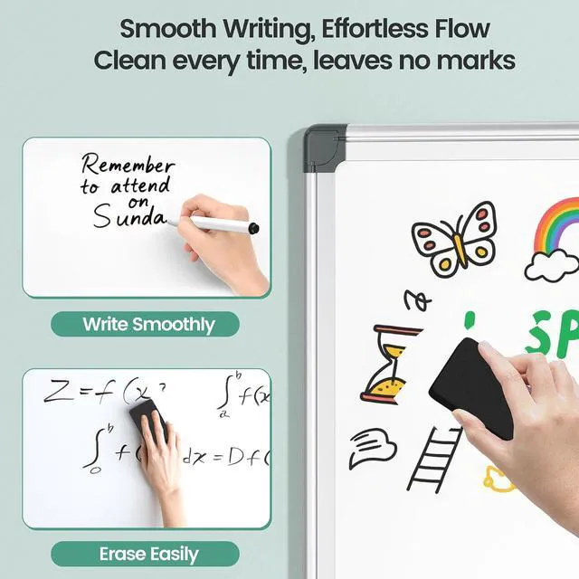 Alt view image 7 of 7 - Magnetic Dry Erase Board 36x24 for Wall, Silver Aluminum Frame with 2 Markers, 4 Magnets & Eraser for Home Office, School, Study Room