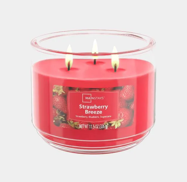Main image of Mainstays 3-Wick Scented Glass Jar Candle, Strawberry Breeze, 11.5oz