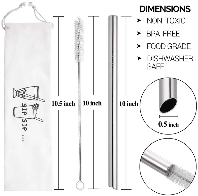 Alt view image 4 of 7 - 2 Pcs Jumbo Reusable Stainless Steel Straws with Angled Tips, 0.5" Wide, for Bubble Tea, Boba, Tapioca Pearls, Milkshakes, Smoothies, Includes 1 Cleaning Brush & 1 Case