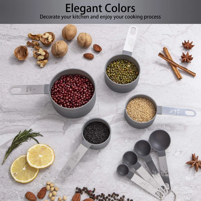 Alt view image 3 of 7 - Huygens 10-Piece Stackable Measuring Cups and Spoons Set, Stainless Steel Handles, for Dry and Liquid Ingredients, Gray