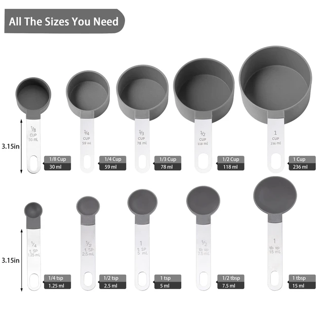 Alt view image 7 of 7 - Huygens 10-Piece Stackable Measuring Cups and Spoons Set, Stainless Steel Handles, for Dry and Liquid Ingredients, Gray