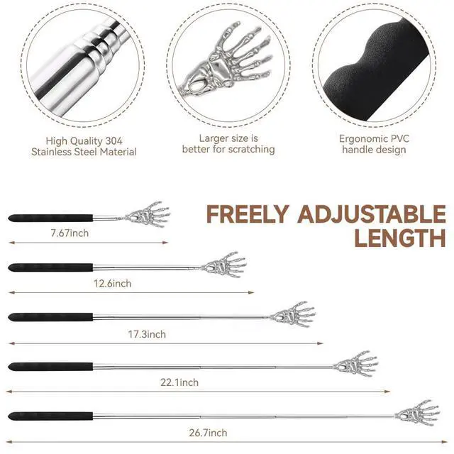 Alt view image 7 of 7 - 3-Pack Stainless Steel Telescoping Back Scratchers with Bear Claw, Skeleton Hand, Paw Design, Black Handle and Storage Pouch