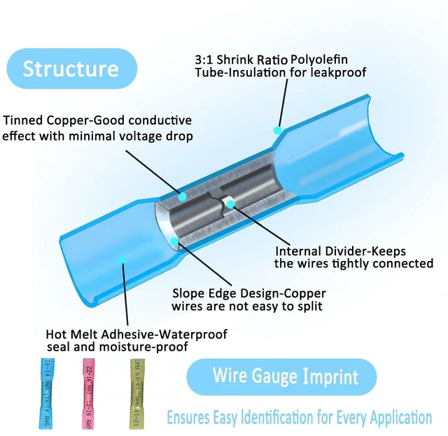 Alt view image 6 of 6 - 50 Pcs Heat Shrink Butt Connectors Kit, Waterproof Insulated Marine Automotive Crimp Terminals for Truck Motorcycle Electrical