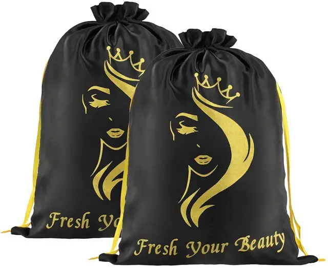 Main image of 2PCS Satin Storage Pouches with Soft Silky Drawstring for Hair Pieces, Extensions, Bundles, Styling Tools, Business Gift (Black)