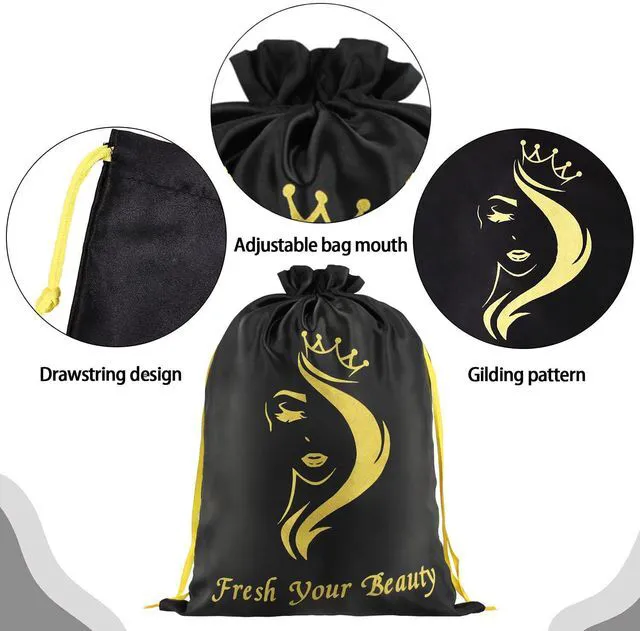 Alt view image 4 of 6 - 2PCS Satin Storage Pouches with Soft Silky Drawstring for Hair Pieces, Extensions, Bundles, Styling Tools, Business Gift (Black)