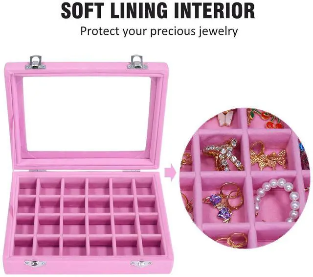 Alt view image 5 of 6 - Vicoter Velvet 24 Grid Jewelry Ring Display Organizer Tray Holder Earrings Storage Case for Women (Pink)