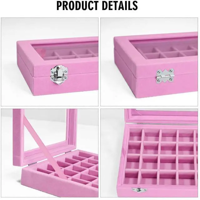 Alt view image 3 of 6 - Vicoter Velvet 24 Grid Jewelry Ring Display Organizer Tray Holder Earrings Storage Case for Women (Pink)