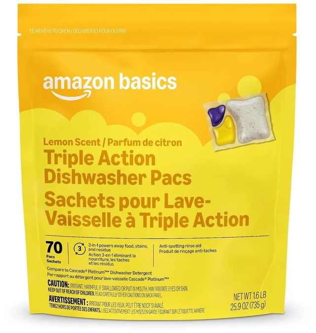 Main image of Amazon Basics Triple Action Dishwasher Pacs, Lemon Scent, 70 Count