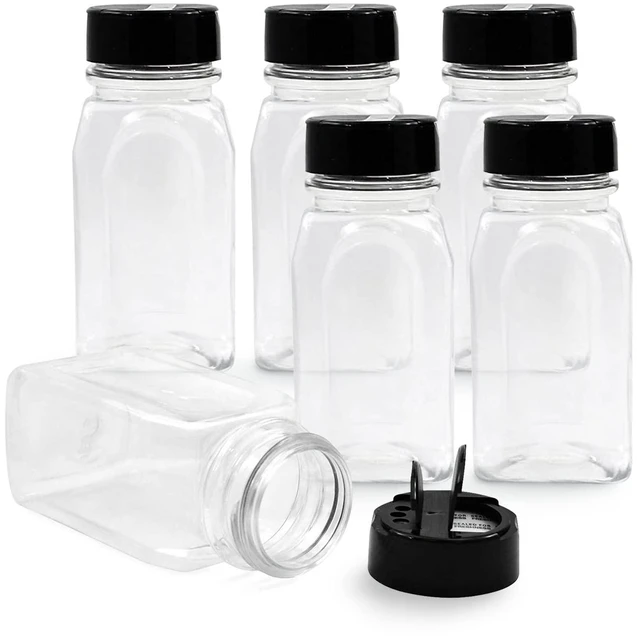 Main image of RoyalHouse 6 Pack 9.5 Oz Plastic Spice Jars with Black Caps and Shaker Lids, BPA Free, Clear Bottles for Storing Spices, Herbs & Seasoning Powders, Made in USA