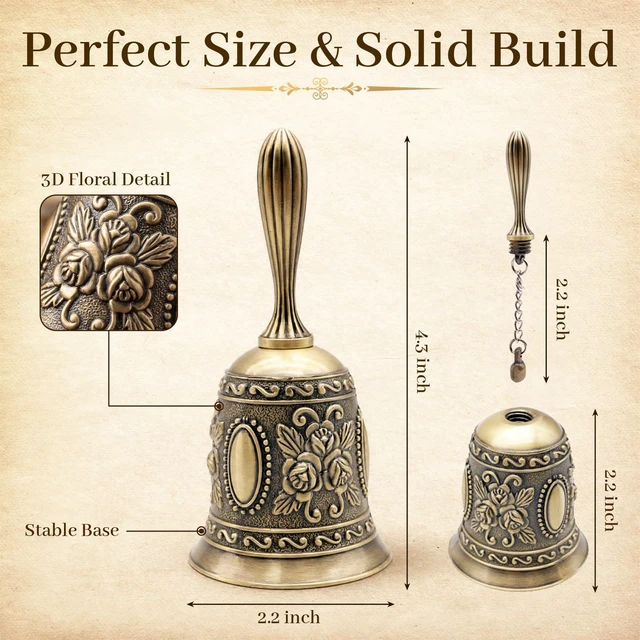 Alt view image 6 of 6 - DomeStar Vintage Brass Hand Bell - Loud Call for Bedside, Dinner, Wedding, Christmas & Holiday Party