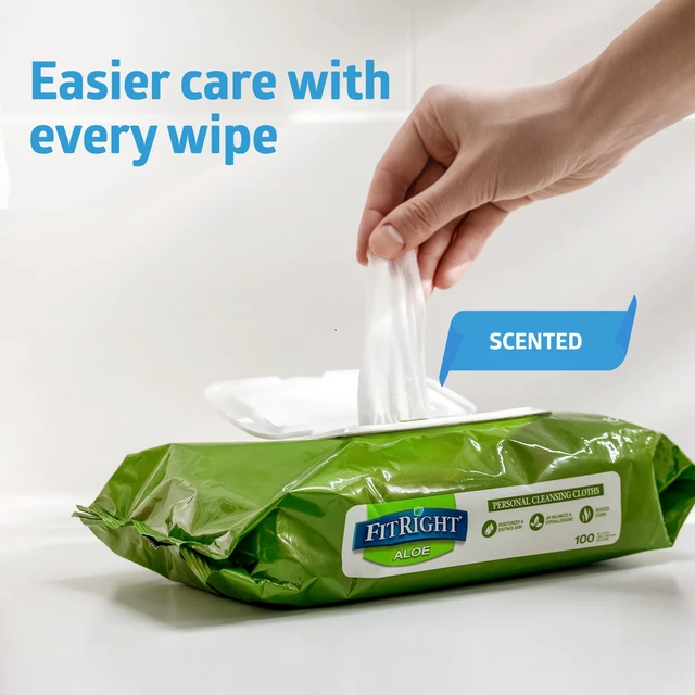 Alt view image 2 of 6 - Medline FitRight Aloe Personal Cleansing Cloth Wipes, Scented, Pack of 48, 8x10Inch, Adult Large Incontinence Wipes