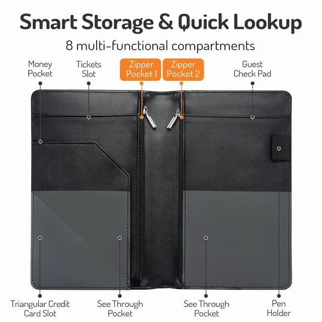 Alt view image 4 of 6 - Forvencer Server Book With 2 Zipper Pockets for Waitress