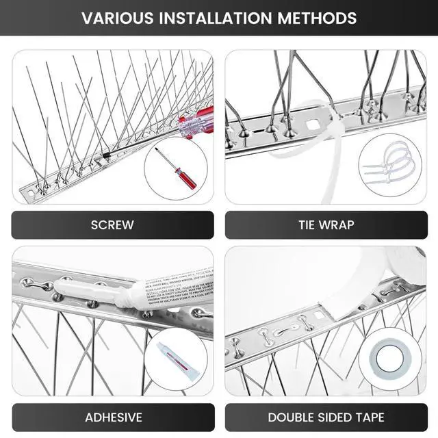 Alt view image 4 of 7 - Ley's Stainless Steel Bird Spikes 3.2FT (3 Pack), Easy Install Metal Deterrent Strip, Humane Pigeon & Small Bird Repellent for Roof, Fence, Balcony, Outdoor