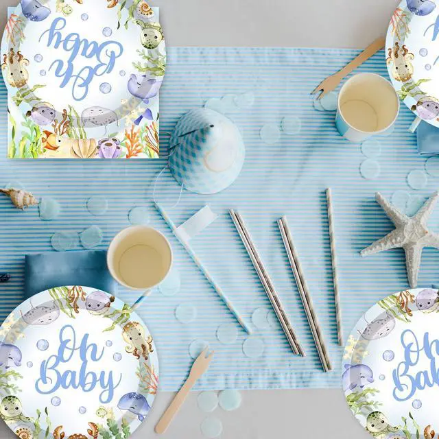 Alt view image 2 of 6 - 40pcs Under the Sea Baby Shower Tableware Set - Sea Animal Themed Party Plates and Napkins Ocean Decorations